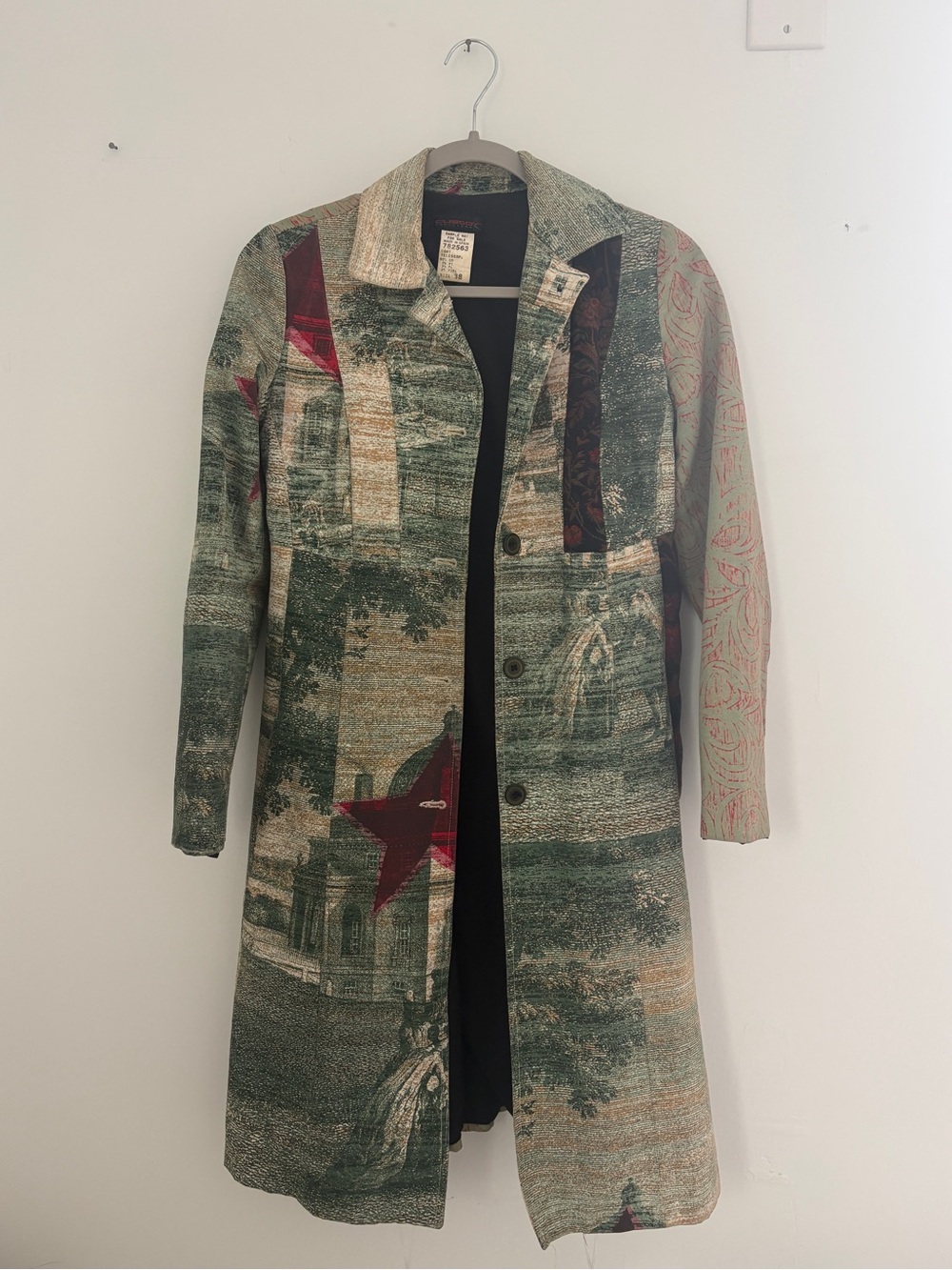 Custo Barcelona Printed Long Trench Coat in Green with Red Accents
